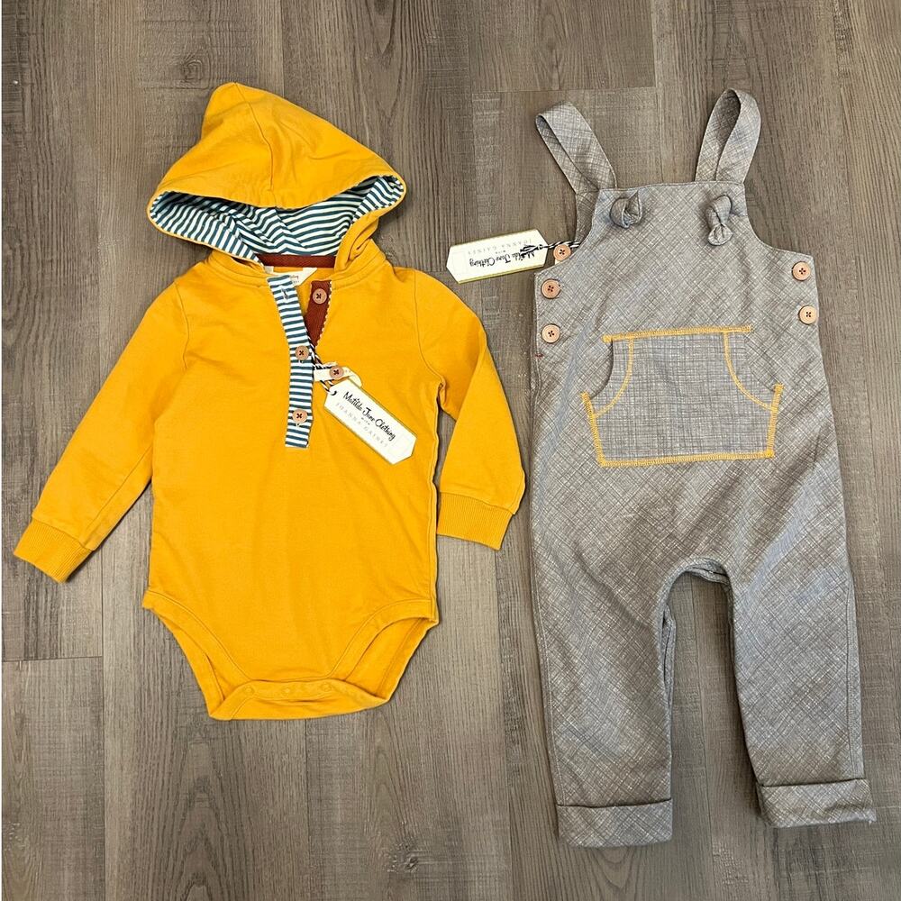 NWT Matilda Jane x Joanna Gaines Yellow Hooded Top & Gray Overalls